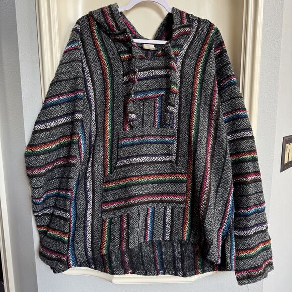 Tops - Baja Hoodie "Drug Rug" Hoodie Gray and Rainbow Stripe Size XL